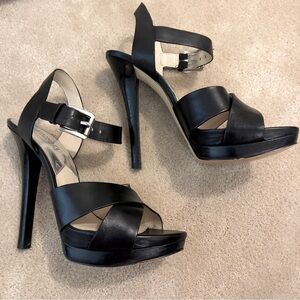 MICHAEL KORS black leather high heels w/ ankle strap, open toe size 9 EUC